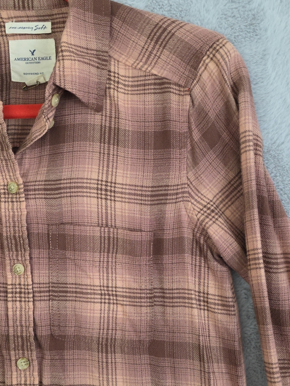 American Eagle Outfitters Boyfriend Fit Flannel Shirt XS Pink Brown Plaid Amazin - Picture 4 of 14